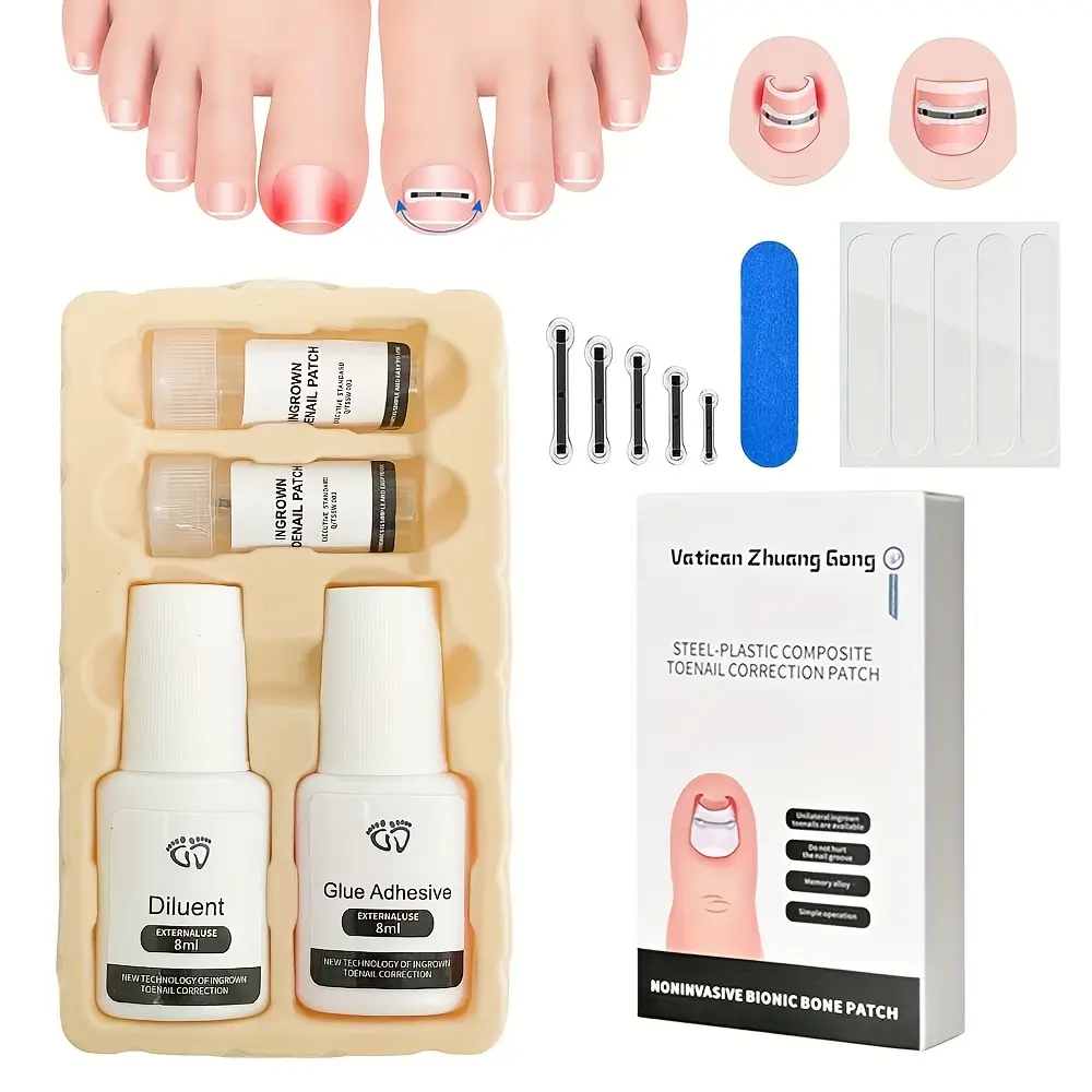 Stainless Steel Ingrown Toenail Set, Toe Nail Kit, Nail Care Package Includes 5pcs Metal Patch, 5pcs Of Auxiliary Stickers, 1pc Adhesive & 1pc Dispergator, 1pc Nail Polishing Strips - Ingrown Toenail Tools
