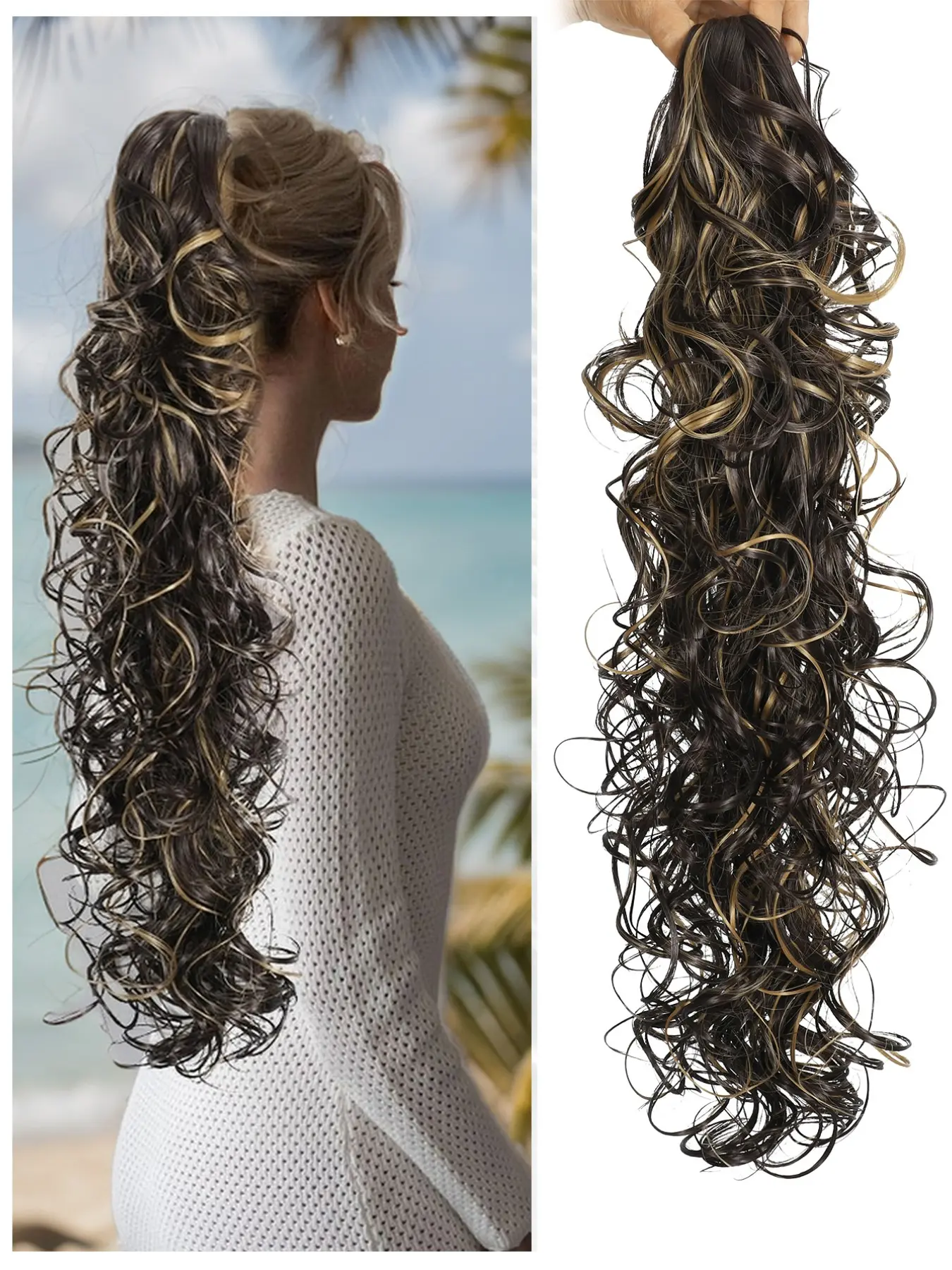 lehanhair 26 Inch Long Curly Ponytail Extension, Natural Fluffy Hairpiece for Women, Synthetic Hairpiece for Daily Use, Synthetic Extensions
