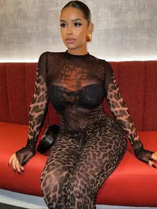 LIA Women's Leopard Print Sheer Mesh Jumpsuit, Sexy Fashion Long Sleeve Crew Neck Jumpsuit for Party Club Holiday, Women's Clothes for Spring & Fall, Womenswear