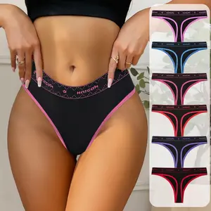 Hotcom 6Pcs Breathable Letter Printing Trim Low Waist Thongs Sexy Comfy Women's Lingerie & Underwear Intimate Panties for Everyday Wear Cotton Hipster Thongs algodon pant