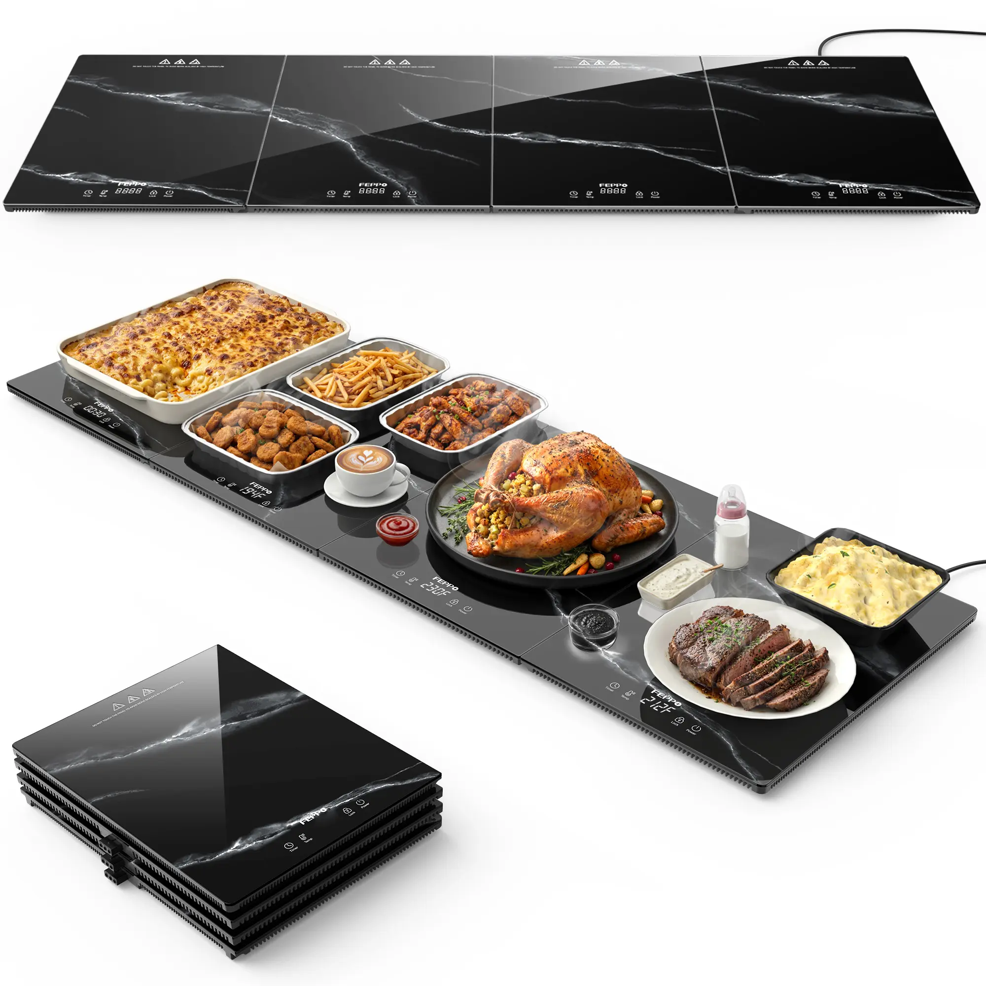 FEPPO Marble-Pattern Tempered Glass Food Warming Tray - 4-in-1 Electric Warmer with 4 Independent Adjustable Heat Zones, Built-in Timer, Safety Lock, Warms Food for Home Kitchen Parties