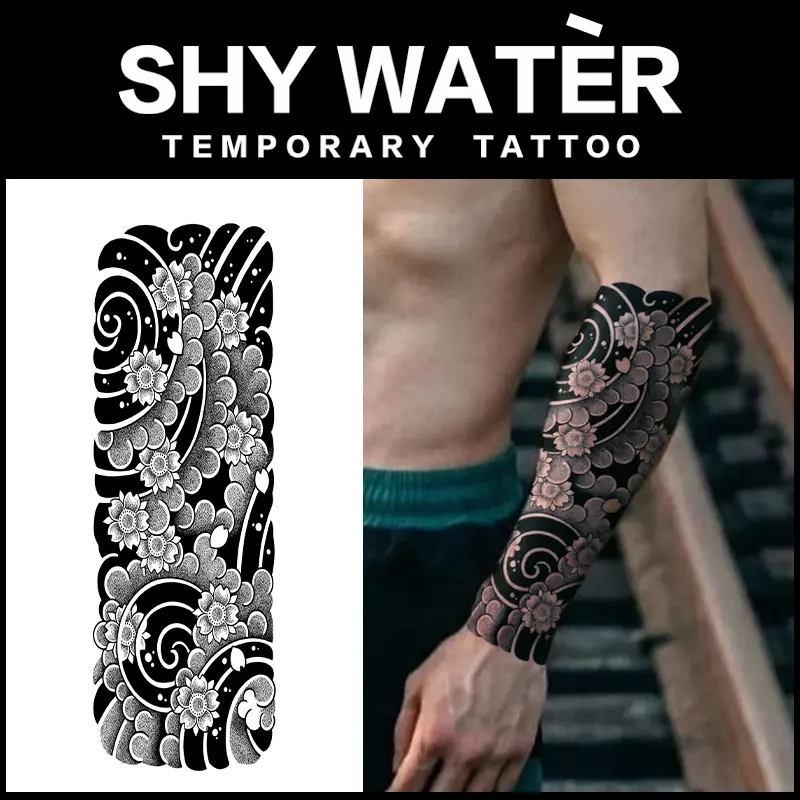 2PCS Waterproof Realistic Temporary Tattoo Stickers Set - Black Traditional Japanese Wave, Peony Flower Arm Cuff, Wrist Band, Semi Permanent Fake Body Tattoos for Men, Single Size