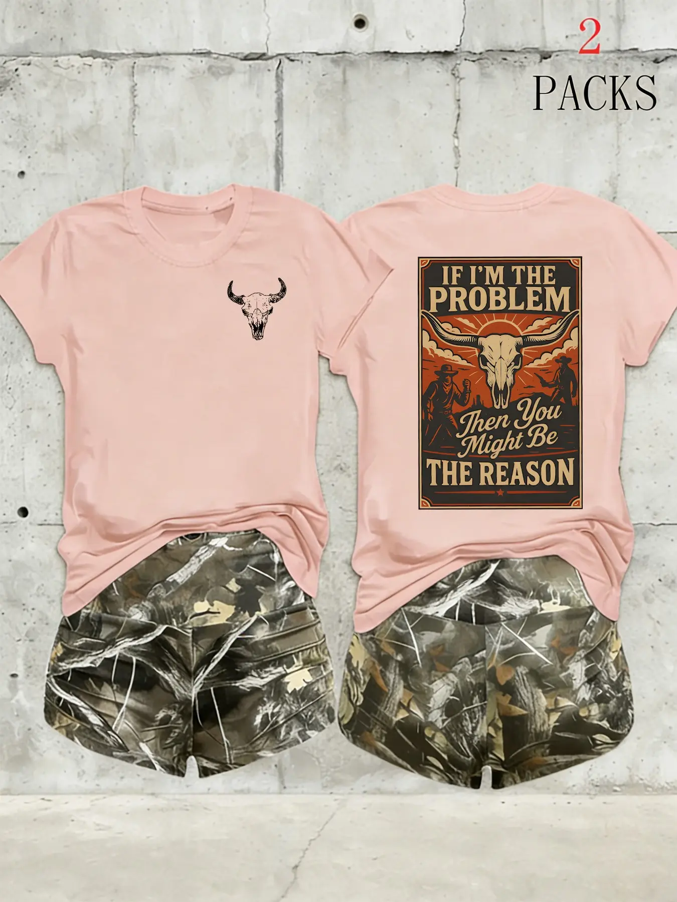 Women's 2-Pack Western Bull Print Short Sleeve T-Shirt & Camo Shorts Set, Clothes, Soft Casual Fabric, Daily Streetwear Loungewear, Black Beige Pink White Purple Red Multi-Color Options