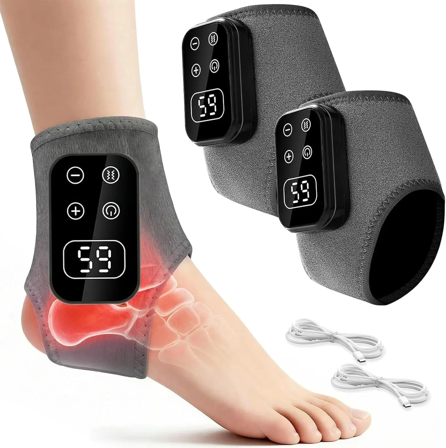 Triple Therapy Foot Massager 2PCS with Heat and Vibration Rechargeable Ankle and Heel Feet Massager Heated Feet Pad with 5 Massage Modes & 5 Heat Levels Portable for Home Travel Use, Rechargeable Battery, Touch Screen