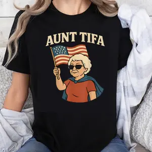 100% Cotton Fashion Garment Aunt Tifa American Flag Patriotic Women's T-Shirt Funny Political Statement Graphic Tee for Independence Day Celebration