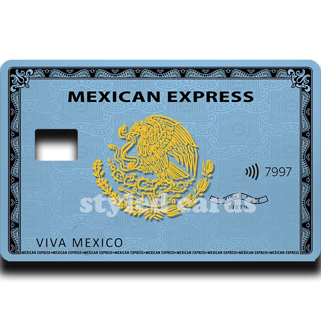 Mexican Express Blue rectangle vinyl sticker - Model 7997 with Logo Design and Card Number