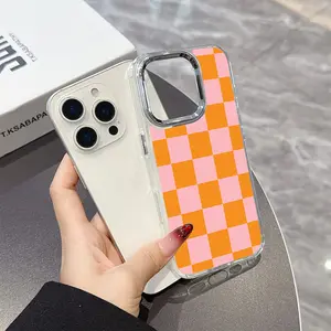 【Local Delivery】Checkered Pink Orange Phone Case Compatible with iPhone 17 16 15 14 13 12 11 Pro Max ，Metal Silvery Lens Frame Transparent Soft Back Cover