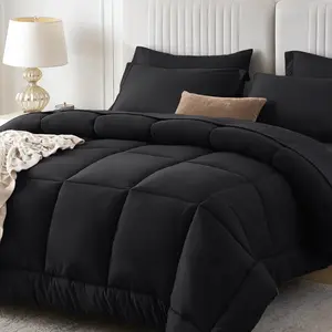 Queen Comforter, Black 7 a Bag Queen, Complete Includes Comforter, Flat Sheet, Sheet, Pillowcases and Pillow Shams, Black