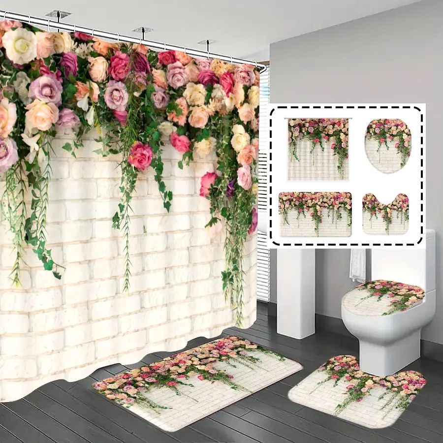 [Popular Choice]1pc/4pcs, bathroom curtains shower, bathroom set, shower curtains, bathroom decor, Restroom, bathroom rug, bathroom mat, colorful flower patterns, romantic theme decoration, bathroom set, with 12 hooks, Shower Curtain Sets