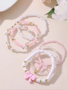 6pcs Fashion Creative Faux Pearl Bracelet Set, Bow, Heart, Strawberry, Butterfly Beads, Perfect Gift for Girls, Stylish Jewelry, Beaded Bracelets