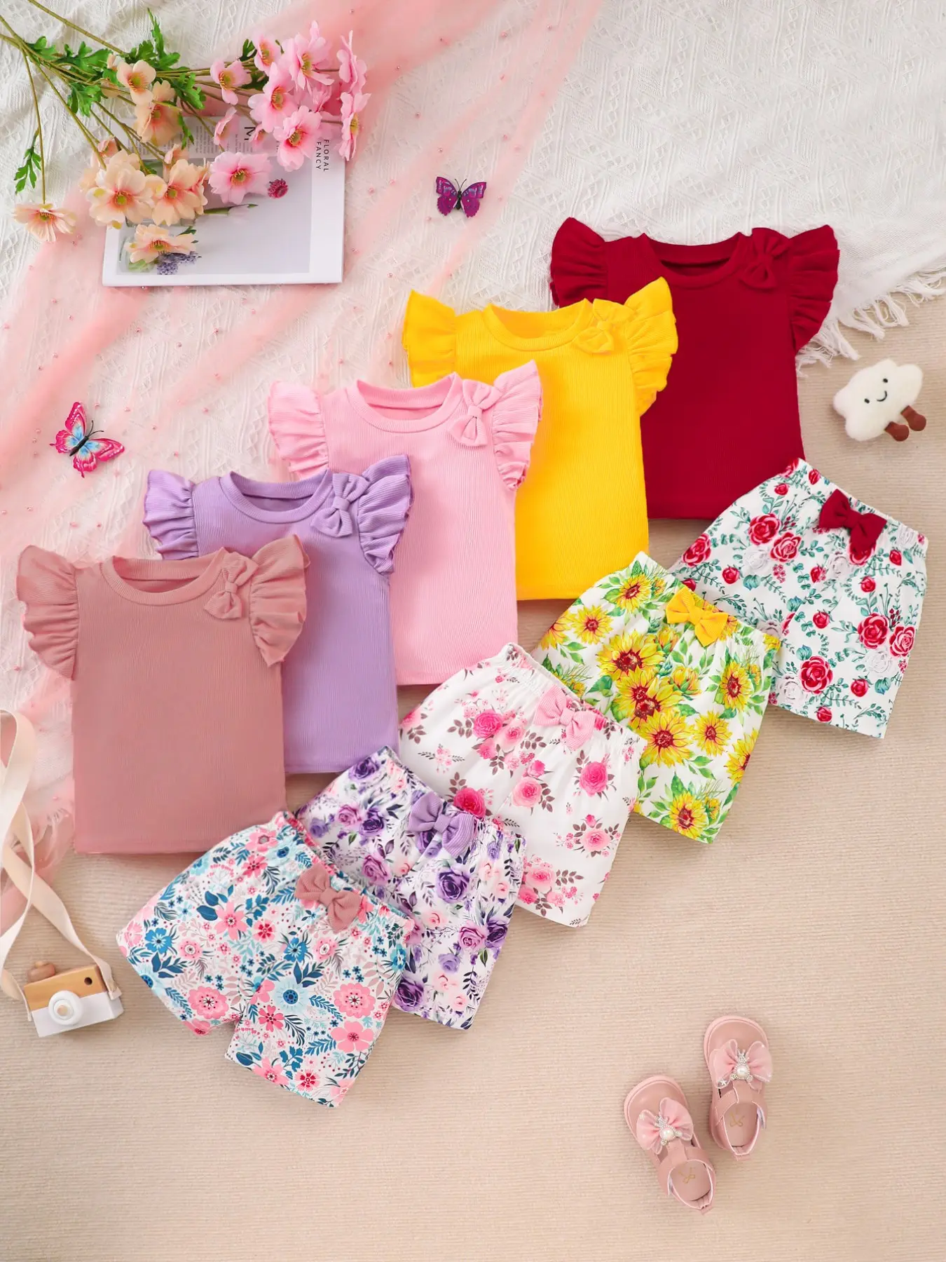 10 Pcs Baby Girl Casual Soft Comfortable Fabric Sleeveless Bow Top & Rose Sunflower Print Shorts Set