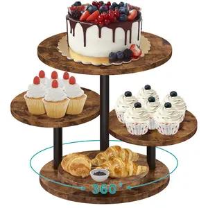 4 Tier Round Cupcake Tower , 360° Rotating Wood Cake Stand with Tiered Trays, Farmhouse Cookie Stand for Dessert Table Display for Wedding Birthday Baby Shower Tea Party
