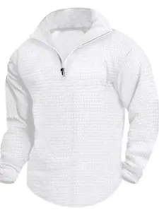 Men's Solid Color Textured Half Zip Up Sweatshirt, Regular Fit Casual Comfy Long Sleeve Stand Collar Pullover for Spring & Fall, Fashion Men's Top for Daily Wear, Cozy Sweatshirts