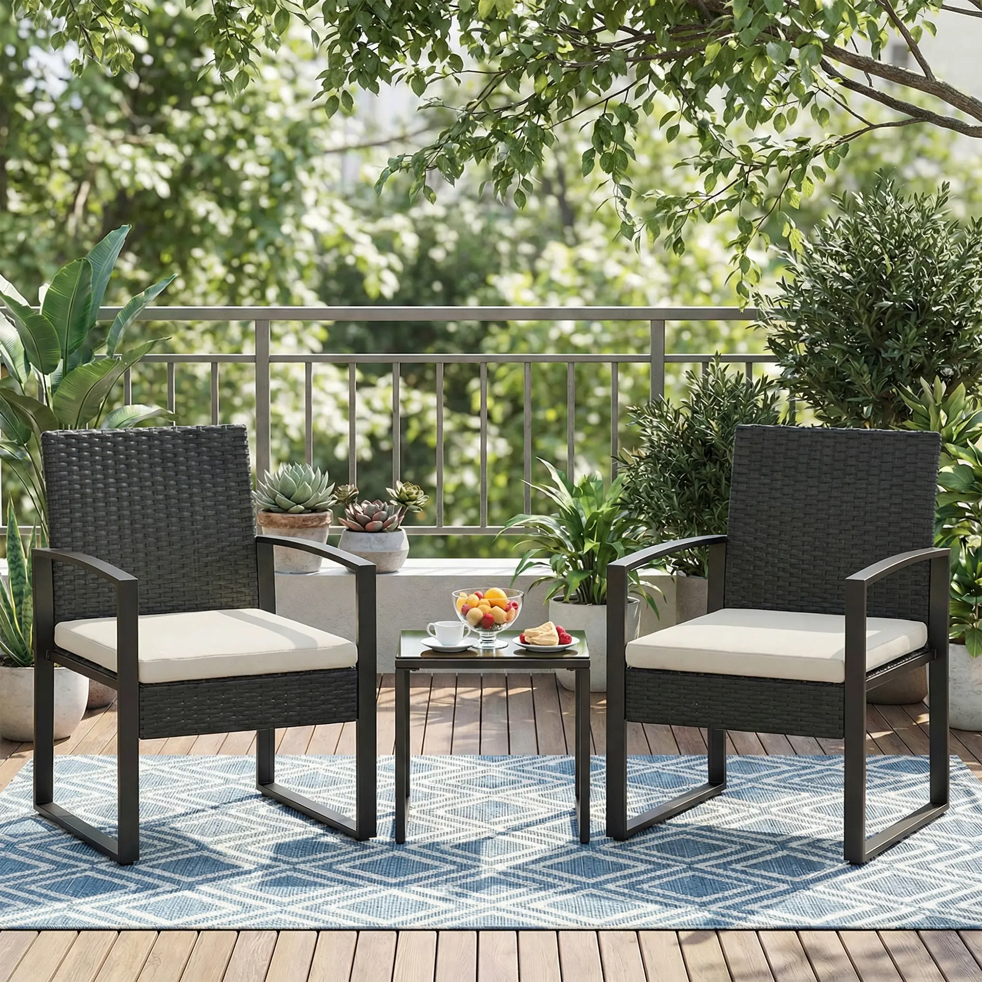 3-Piece Patio Bistro Set Outdoor PE Rattan Wicker Furniture with Tempered Glass Table All-Weather Conversation Set for Garden Balcony Backyard