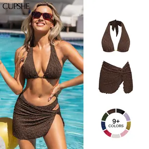 CUPSHE 【Valentine's Day】 3-PIECE SET | Textured Spandex Bikini & Sculpting Sarong Skirt - 2026 Deep V Neck Beachwear & Pool Party Swimsuit Plunging Neckline Bold