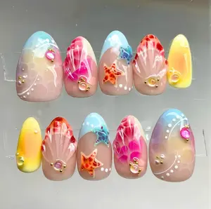 Hand-painted Tortoise & Colorful Seashell, Starfish Press On Nails, 3D Gel Fairycore Fake Nails, Brilliant Summer Nails for Vacation Holiday