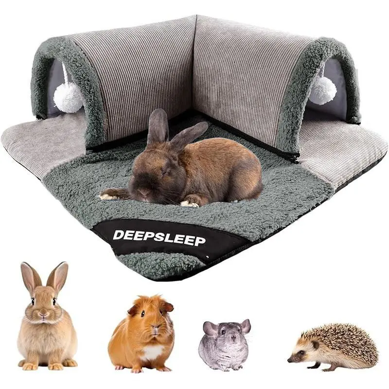 Rabbit Tunnel Bed, Plush Bunny Tunnel Tube with Removable Mat, Hideout Toys for Guinea Pig Rabbit Bunny Chinchilla Kitty Cat, Animal Enclosure, Bunny Supplies