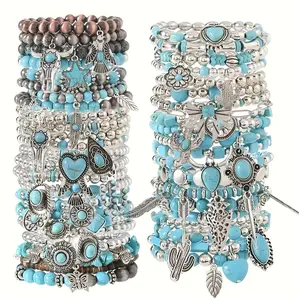 16pcs/set Mixed A Perfect Gift for Your Loved One, Ideal for Teenager'S Bohemian Style Bracelet Set Is Made of Turquoise, Alloy, And Elastic Beads., For Teenager