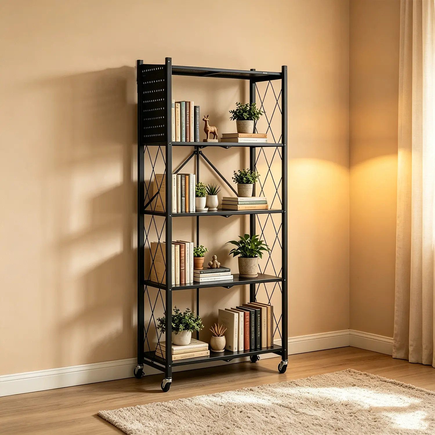 5-Tier Foldable Metal Frame Rectangular High Capacity Standing Shelf Unit - Kitchen Storage Organizer for Living Room, Kitchen, Pantry