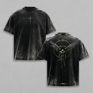 ARCHANGEL OF REPENTANCE T-Shirt Acid Wash Pump Cover Fallen Angel Double Printed Heavy Cotton Unisex Crusader Armor Graphic Tee, Vintage Cross Shirt, Medieval Warrior Streetwear, Gothic Faith Oversized Tee，funny graphic tee, men’s trendy t-shirts