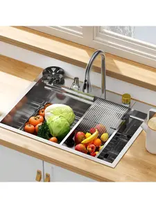 Silver   Kitchen Sink, 30 Inch Brushed Nickel Waterfall Kitchen Sink Set, 304 Stainless Steel Single Bowl Family And Bar Sinks With Full Accessories Halloween Decorations Halloween Costumes Autumn De