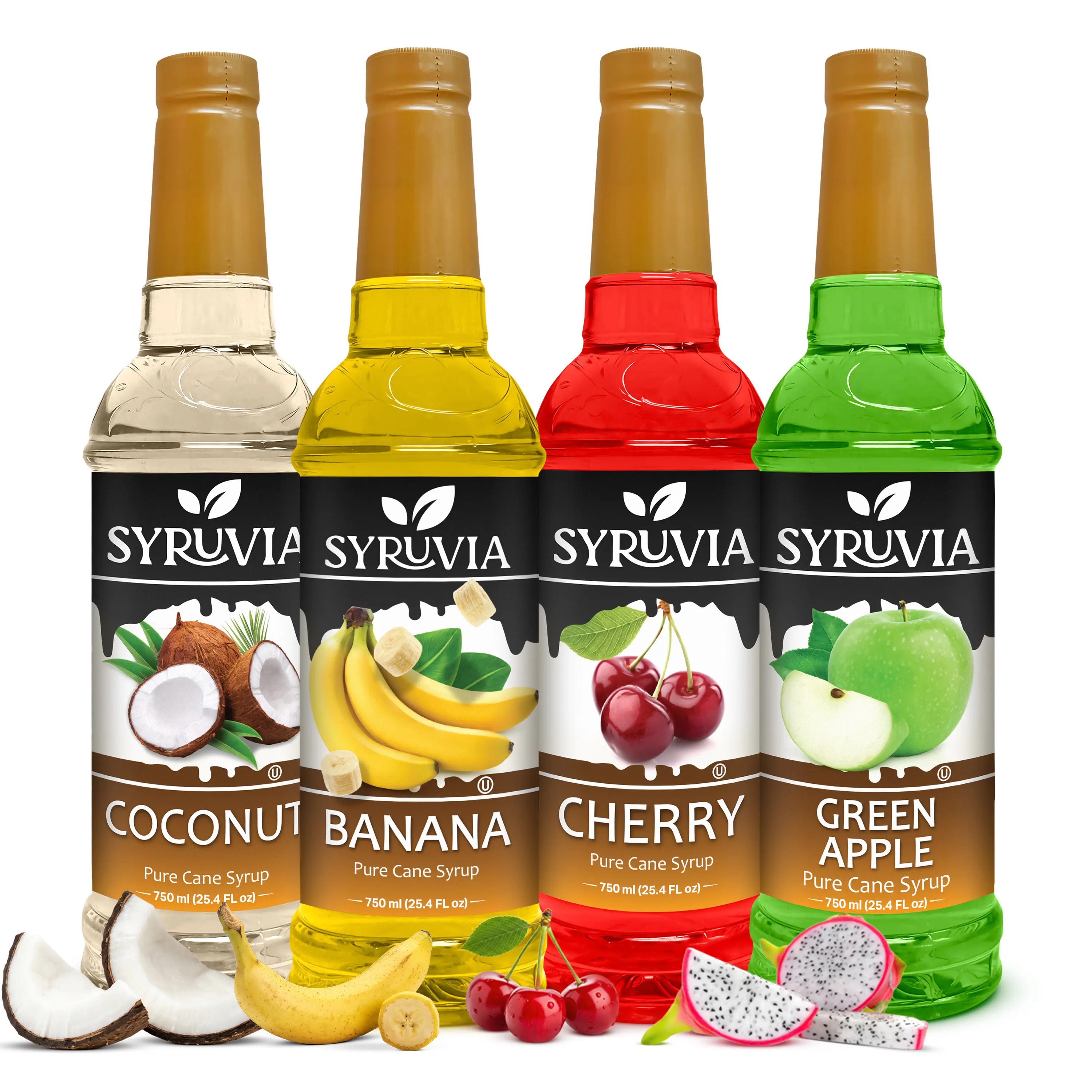Syruvia Fruit Flavors Variety Pack – Coconut, Banana, Cherry & Green Apple Syrup – Perfect for Cocktails, Lemonade, Iced Tea & Beverages – 25.4 Fl oz Bottles (4 Pack)
