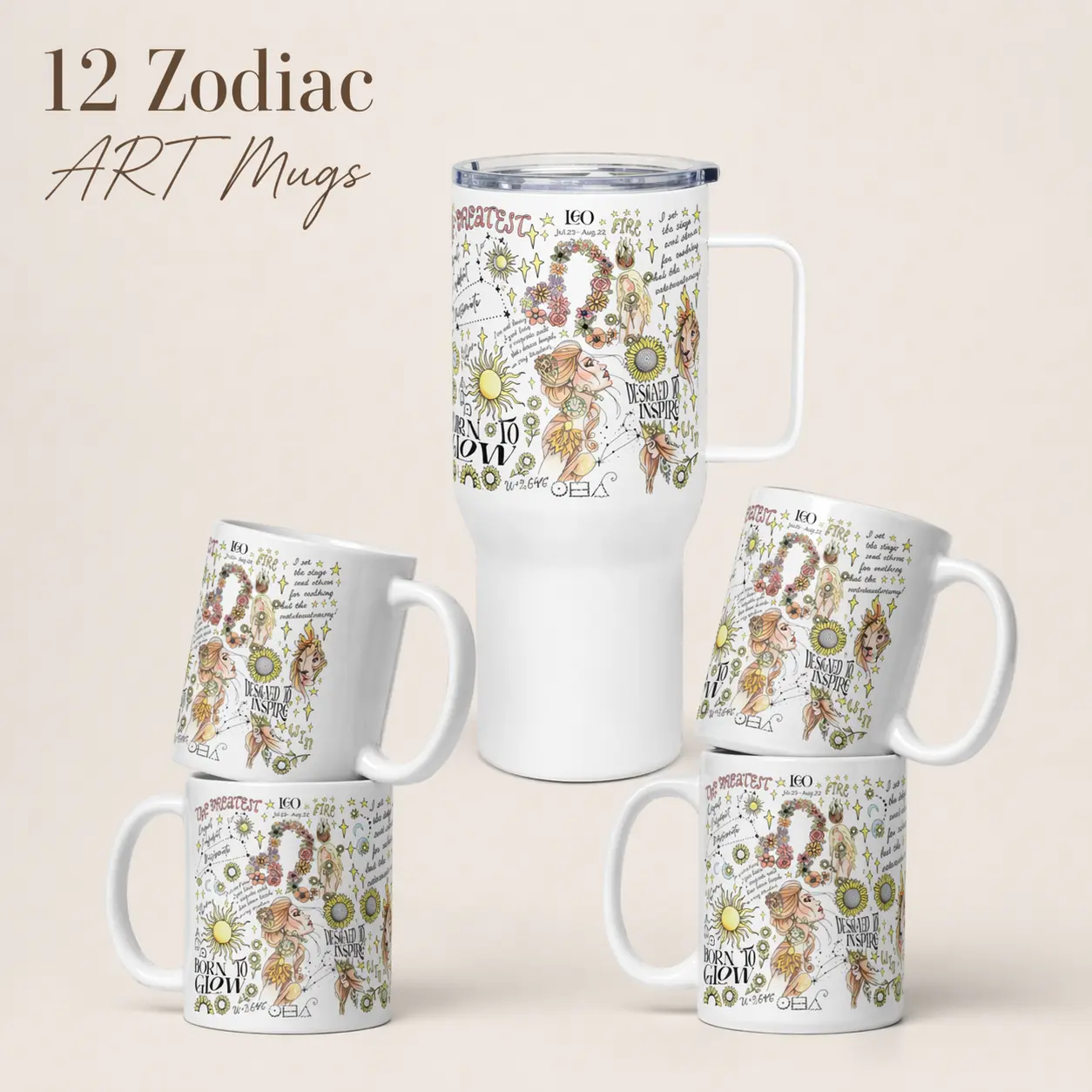 12 Zodiac Mug & Tumbler – Zodiac Art Mugs, Astrology Coffee Tumbler Leo Design, Aesthetic Horoscope Mug Cup, Gift for Zodiac Lovers, Birthday Gift for Her