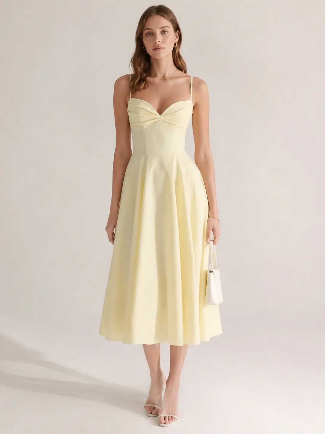 2026 Summer Old Money Sweetheart Spaghetti Strap A-Line Midi Dress S-XXXL, Solid Wrinkle Resistant Polyester Ruched Waist Flared Skirt Elegant Semi-Formal Outfit, Versatile Dress for Garden Brunch Wedding Guest Picnic Tea Party Daily Casual Occasions