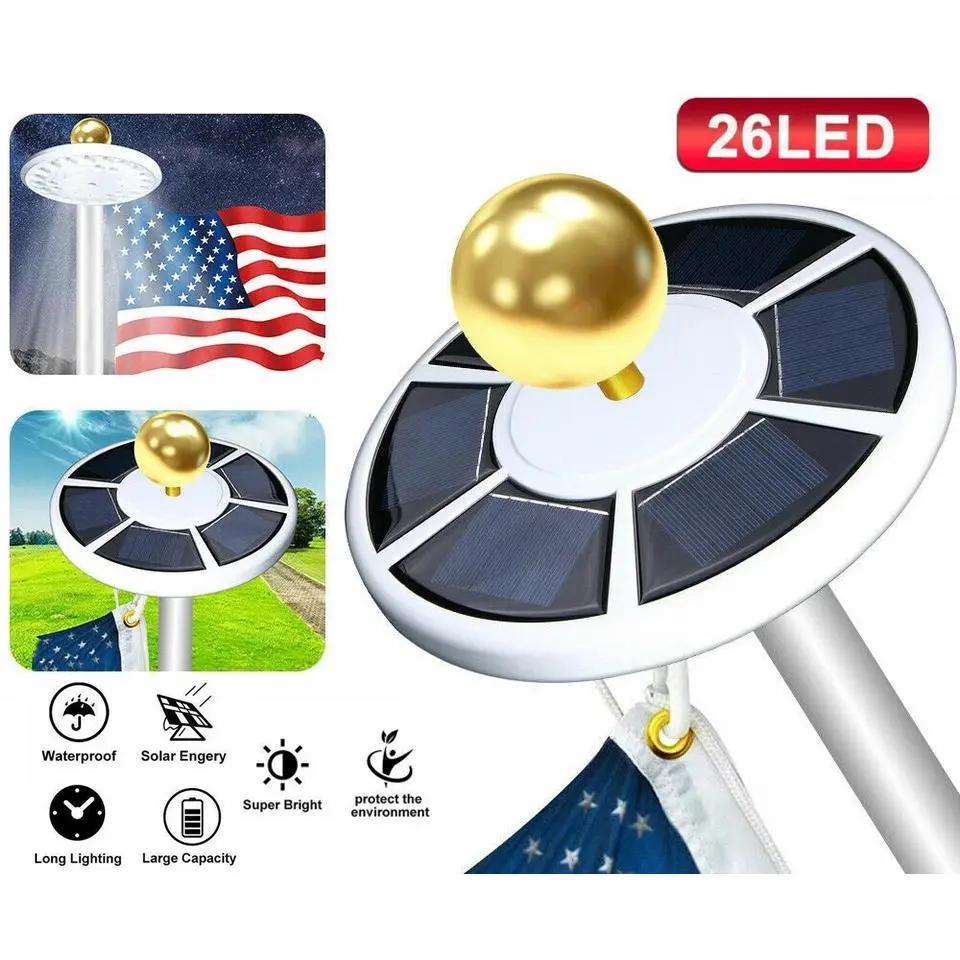 Disc‑Style Solar Flag Pole Light 26‑LED, Wide Circular Flag Coverage, Auto Dusk‑On Dawn‑Off, Anti‑UV Heavy‑Duty ABS Housing for 1/2" Top Shank 15‑45ft Flag Poles