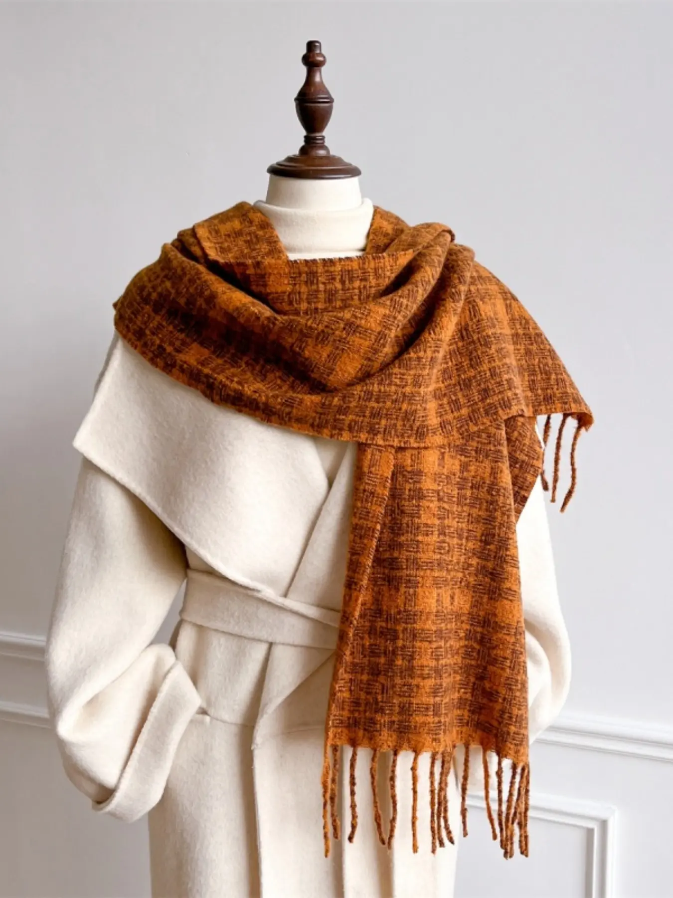 Women's Fashion Winter Plaid Scarf, Soft Imitation Wool Warm Windproof Scarf, Stylish New Arrival for Cold Weather Muffler Keffiyeh Winter scarf, Tassel Decor Scarf