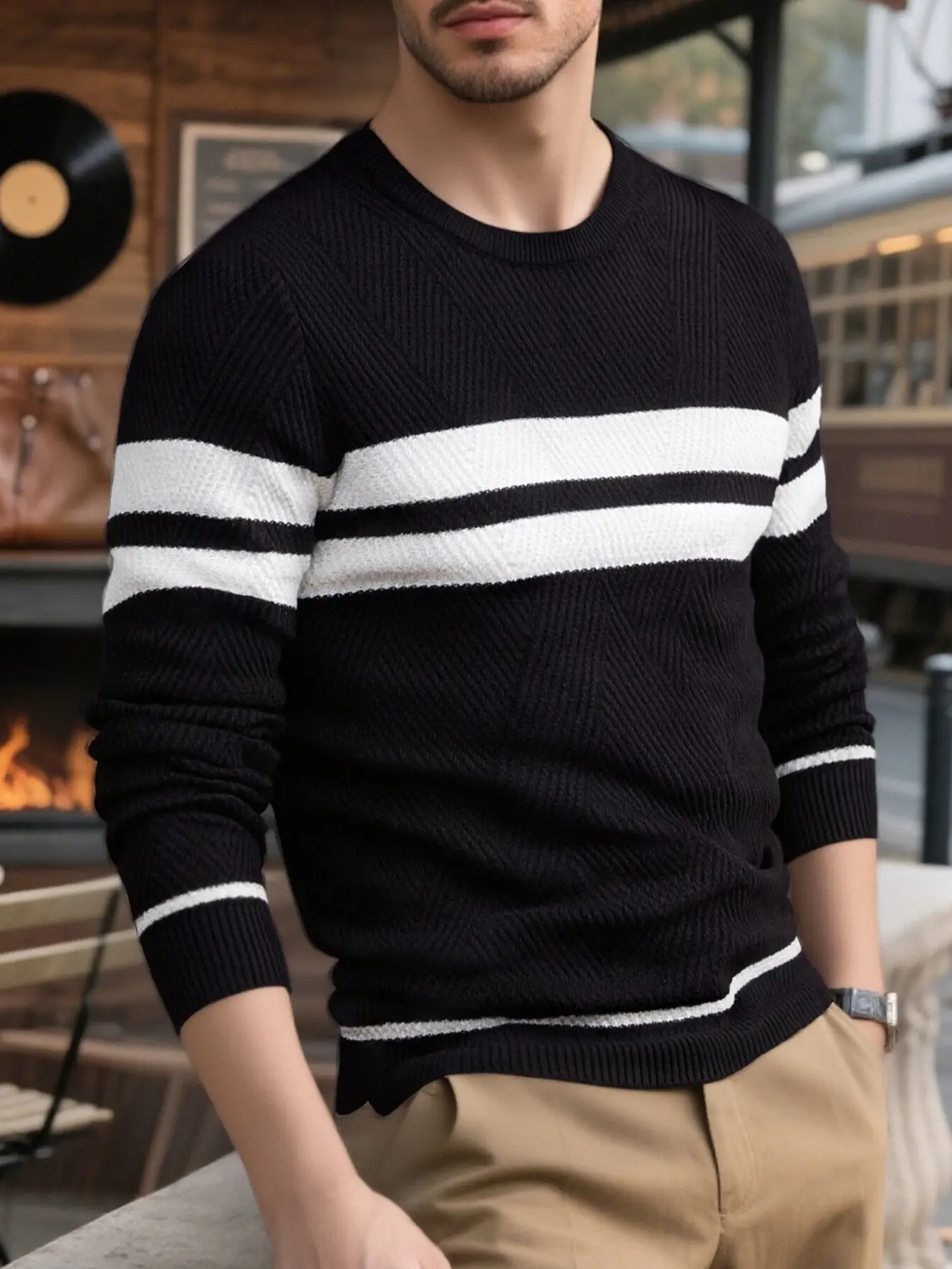 Men's outdoor sports round neck, Long sleeve pullover sweater, contrasting stripes, geometric texture stripes, simple and versatile style, suitable for daily travel, home leisure, outdoor scenarios, comfortable men's casual sweater