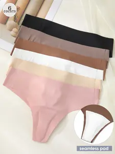 6 Pcs Women's Seamless Slim Fit Thong Panties, Anti-Chafing Yoga Fitness Underwear, Invisible Triangle Line, Casual All Seasons, Plain Pattern, Seamless Undergarment