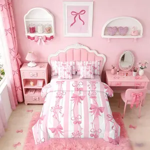 Feelyou 7-Pcs Pink Cherry Bow Bedding Set - Ultra Soft Cozy Soft Bed Blanket, Kid Bedding with Girly Look, Coquette Preppy Princess Comforter Set for Teen Girls