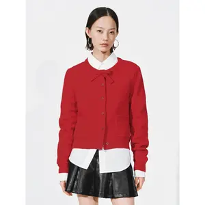 URBAN REVIVO 2026 Spring New Women's Long-Sleeve Knitting Cardigan - Red, Gray-Tone, Bow Detail, Patch Pockets, Acrylic Blend, Consistent Fit, Multi-Size, Casual Medium-Length Top UYY960004 (Bow-Shaped Style), Bow-Shaped Women's Cardigans