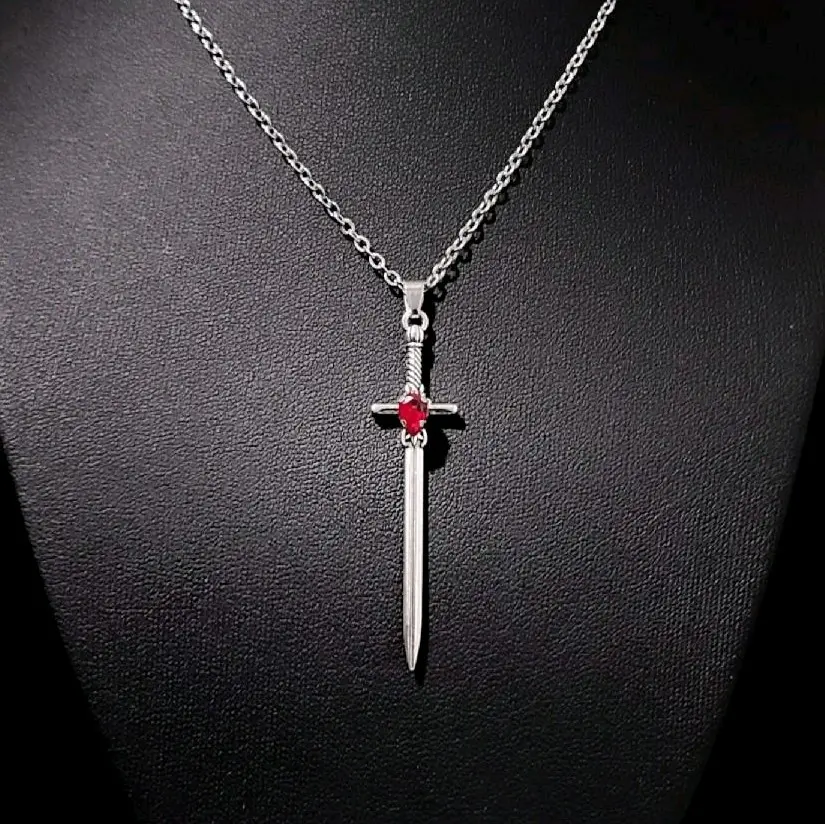 18" Silver Red Crystal Sword Necklace 021