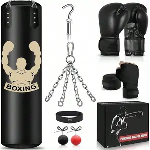4FT Unfilled PU Leather Hanging Punching Bag Set - Boxing Equipment for Home Gym, 12oz Gloves, Reflex Ball, Microfiber Material, Multi-Layer Shock Absorption