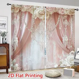 Rose Beaded Pendant Print Curtains, Fashionable Rod Pocket Window Drapes for Bedroom and Living Room, Easy Installation for Coffee Shop and Office, Room Decor Curtain, Home Decoration Curtain