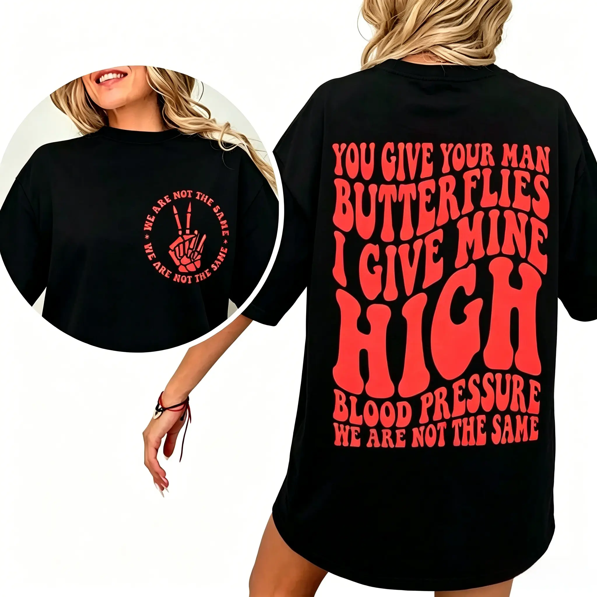 Women's Cotton Blend Soft T-Shirt - Unisex Short Sleeve Round Neck Top, Figure-Flattering, Chic Funny "We Are Not the Same I Give My Man High Blood Pressure" Humor, Black & Red, Valentines Day Casual, Holds Up to Regular Washes, Hang Dry, Thanksgiving, Le
