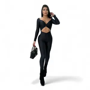 Elegant Black Sparkling Crossover Jumpsuit - Long Sleeve, Below the Ankle, All Seasons, Evening Wear, Minimalist Design, High-Quality Fabric