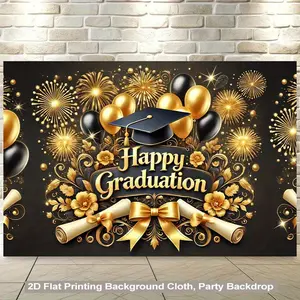 1PC,2D Flat Backdrop Graduation Party Backdrop, Black and Gold Theme Graduation Celebration Decoration Backdrop, Graduation Photo Backdrop, Graduation Party Background Cloth for Graduation Ceremony, Pa