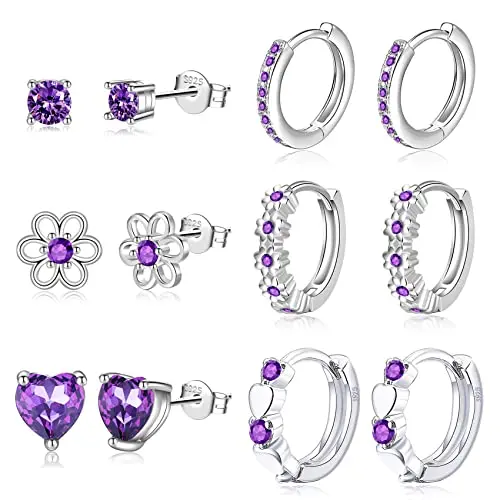 Purple: 6Pairs Hoops and Stud