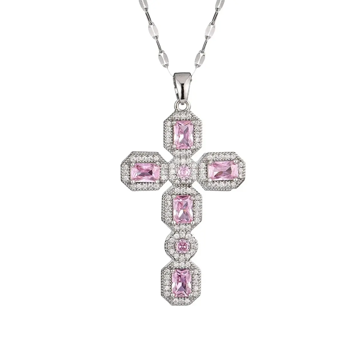 Maison Foufou Scarlett Pink Silver Cross Necklace, Titanium with Gemstones, y2k Elegant Silver herringbone Pendant, Perfect Gift for Birthdays & Special Occasions tarnish proof taonga gift necklace