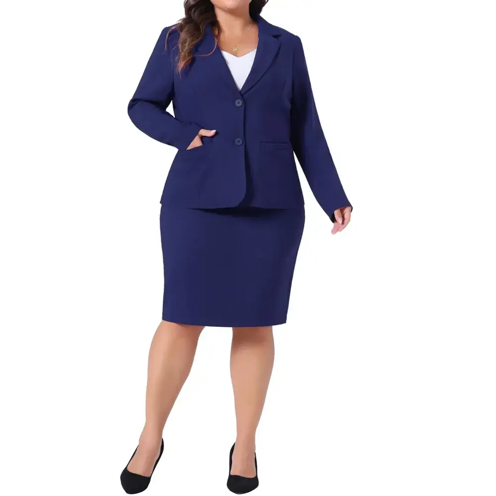Women's Plus Size 2 Piece Pencil Skirt and Notched Lapel Blazers Button Office Business Suit Sets with Pocket - Agnes Orinda 3X Royal Blue