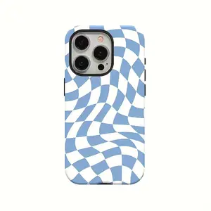 Elegant Blue Checkered Phone Case with Glossy Surface, Offering Double Layer Protection for iPhone 16 Pro Max, 15 Pro, 14, 13, 11, 12, XS, 8 Plus, and 7, with a 2-in-1 Design.