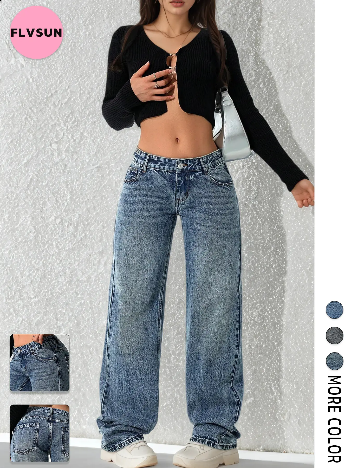 Flvsun Women's Low Rise Wide Leg Baggy Jeans - Washed Stretch Denim, 2000s Streetwear Style, Minimalist Urban Clothes & Pants for Women,back to school shopping, Clothes For Women
