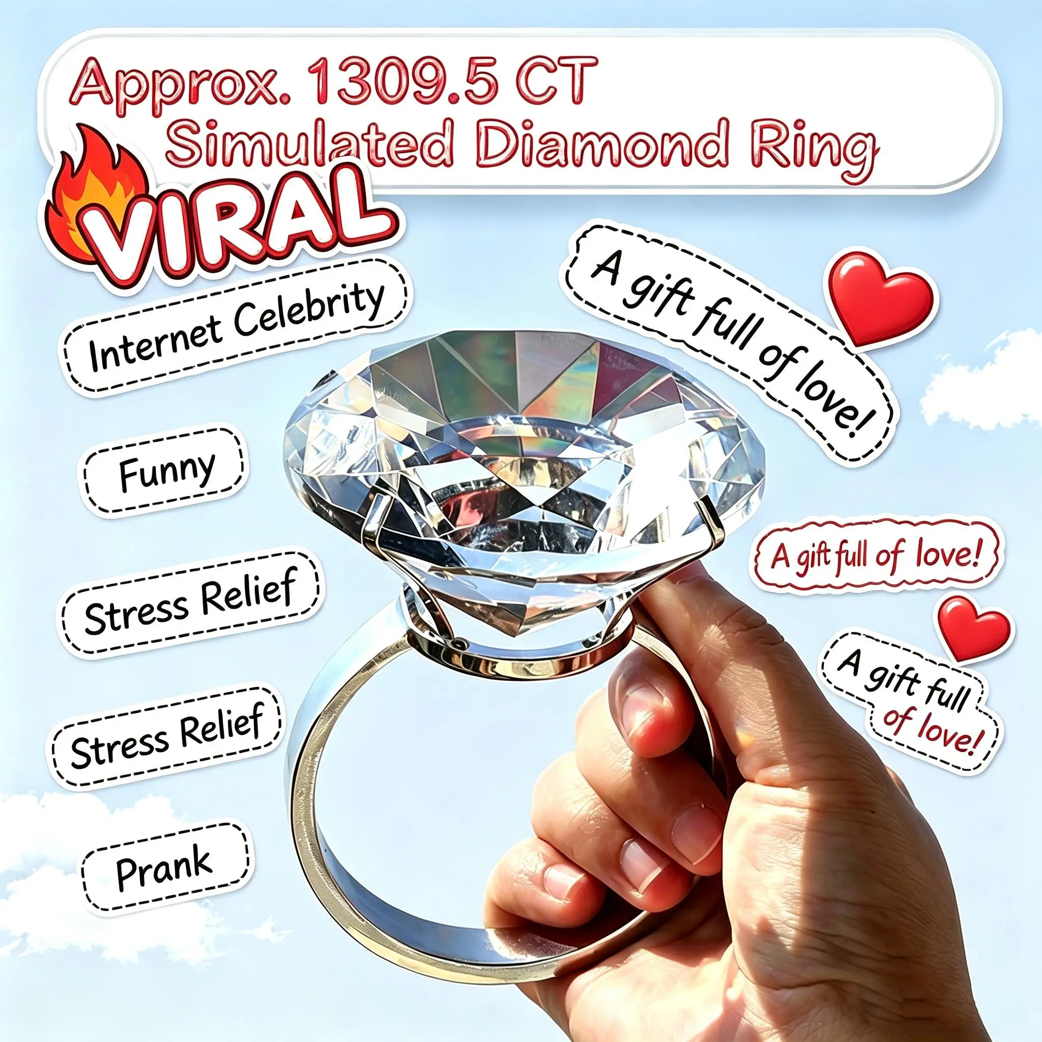 Giant Zircon Anxiety Ring for Men Women, Must-Have Prop for Live Streamers & Short Video Creators, Promise Ring, Engagement Ring, Perfect Birthday & Anniversary Surprise Gift for Girlfriend Wife Friends, Viral Traffic Booster Fun Prank Jewelry