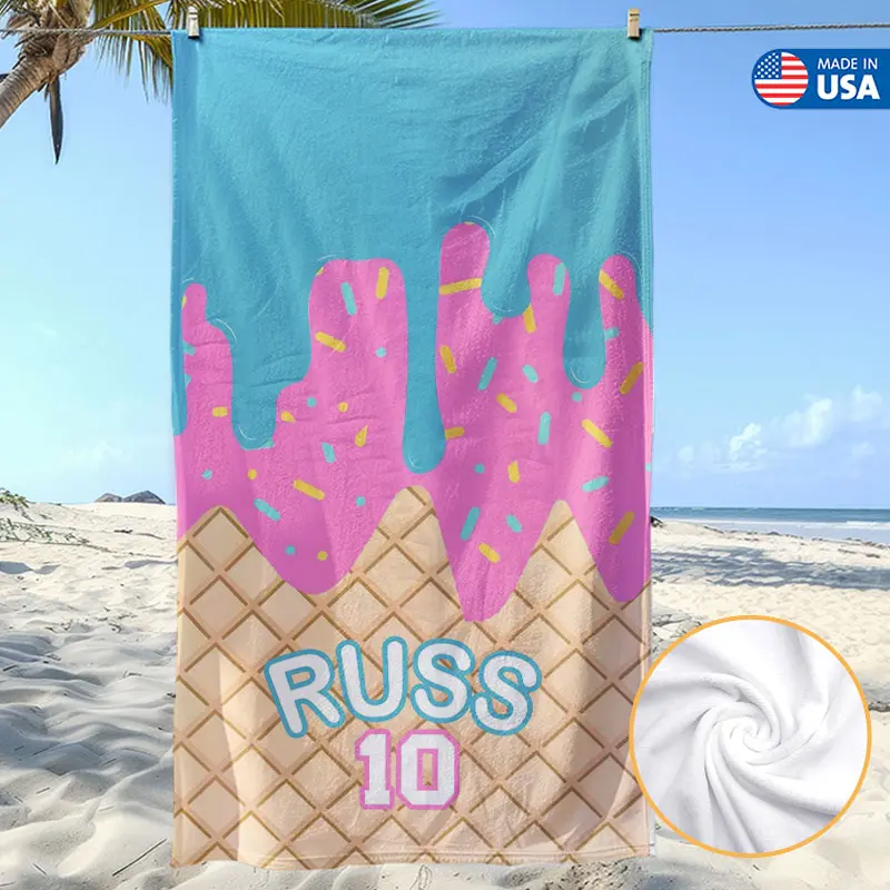 Customizable Ice Cream Cone Print Beach Towel - Photo Prop, High Absorption, Personalized Names/Initials, Soft, All Ages Outdoor Relaxation Bath Towel for Sand Use, High Absorption Beach Towels