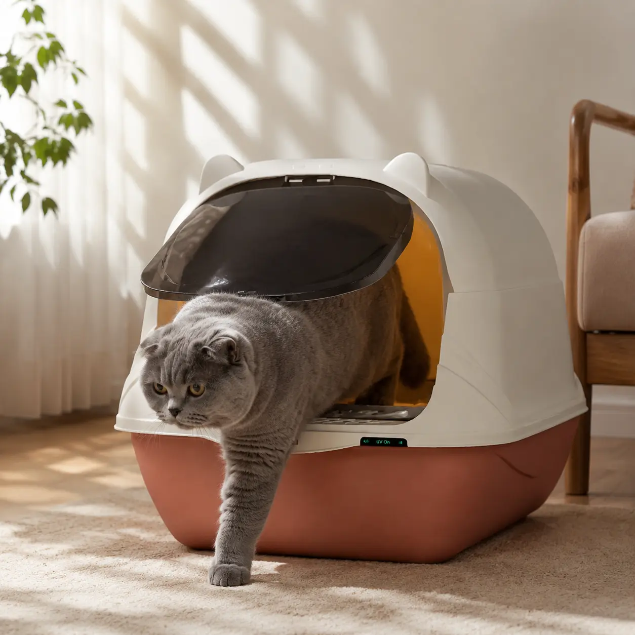 Fully enclosed UV sterilization    with odor removal and recirculating ventilation; spacious top-mounted design;  quiet slow-close door; suitable for medium to large cats. litter box cat low dust anti-urine leakage big free scoop pet  odor-free waste  pan