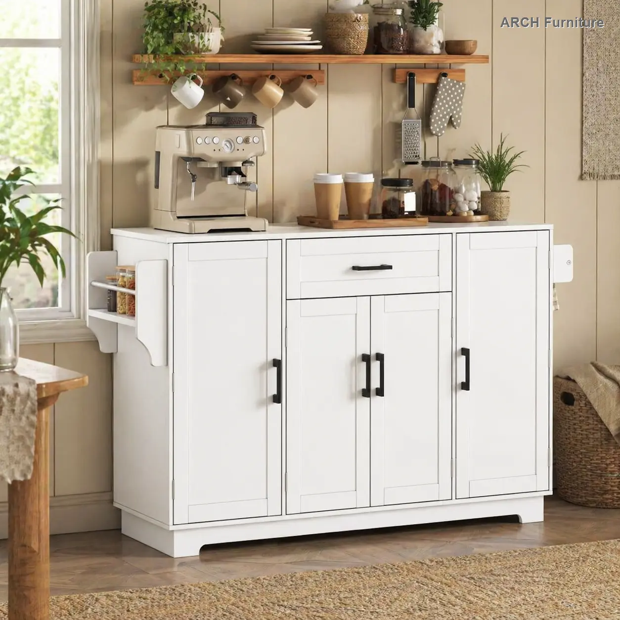 ARCH U-Style 54.3" Adjustable Shelves Sideboard Buffet Cabinet - Melamine MDF Build, 4 Doors, 1 Drawer, Aluminum Alloy Handles, Side Shelves, Hanging Rod, Drawer-Equipped, Dual Storage, Easy Access for Dining Room Home Decor, Adjustable Shelves Sideboards