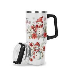 It's the Most Wonderful Time Snowman 40oz Tumbler with Handle & Straw - Leakproof Christmas Insulated Cup, Poinsettia Floral, Perfect Holiday Gift for Mom Grandma Women